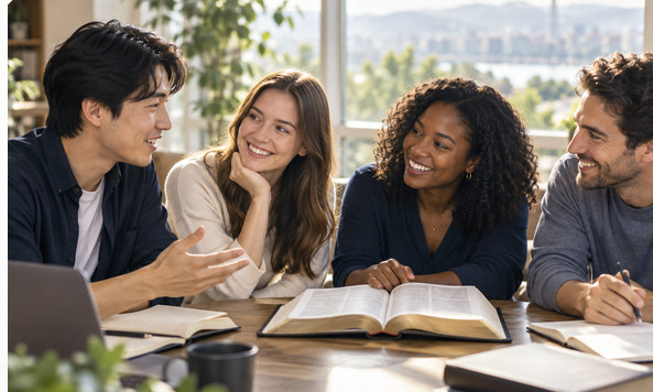 Friends sharing a conversation around an open Bible